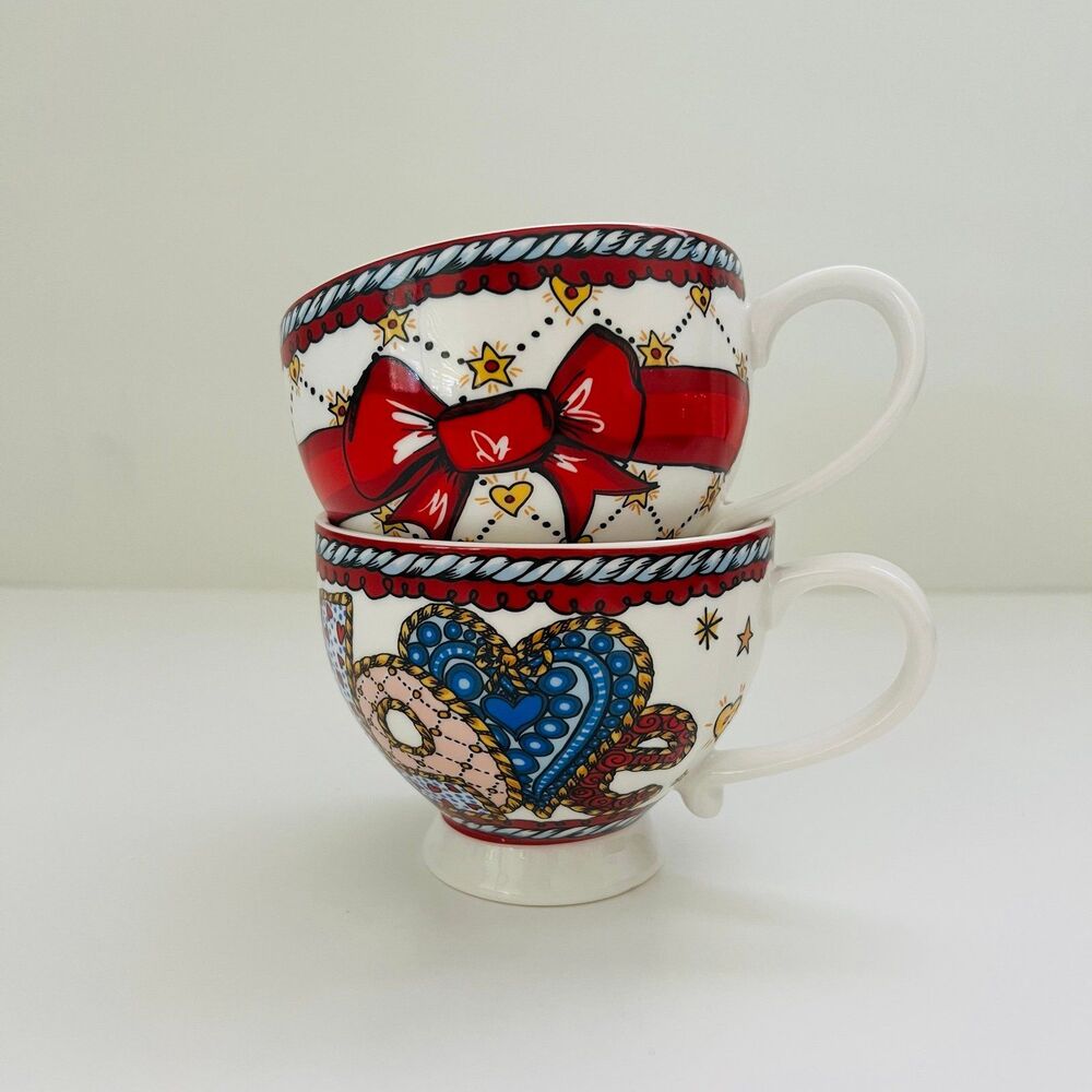 BRIGHTON Love & Bow Hear & Stars Pedestal Coffee Tea Mug Cups, Set of 2
